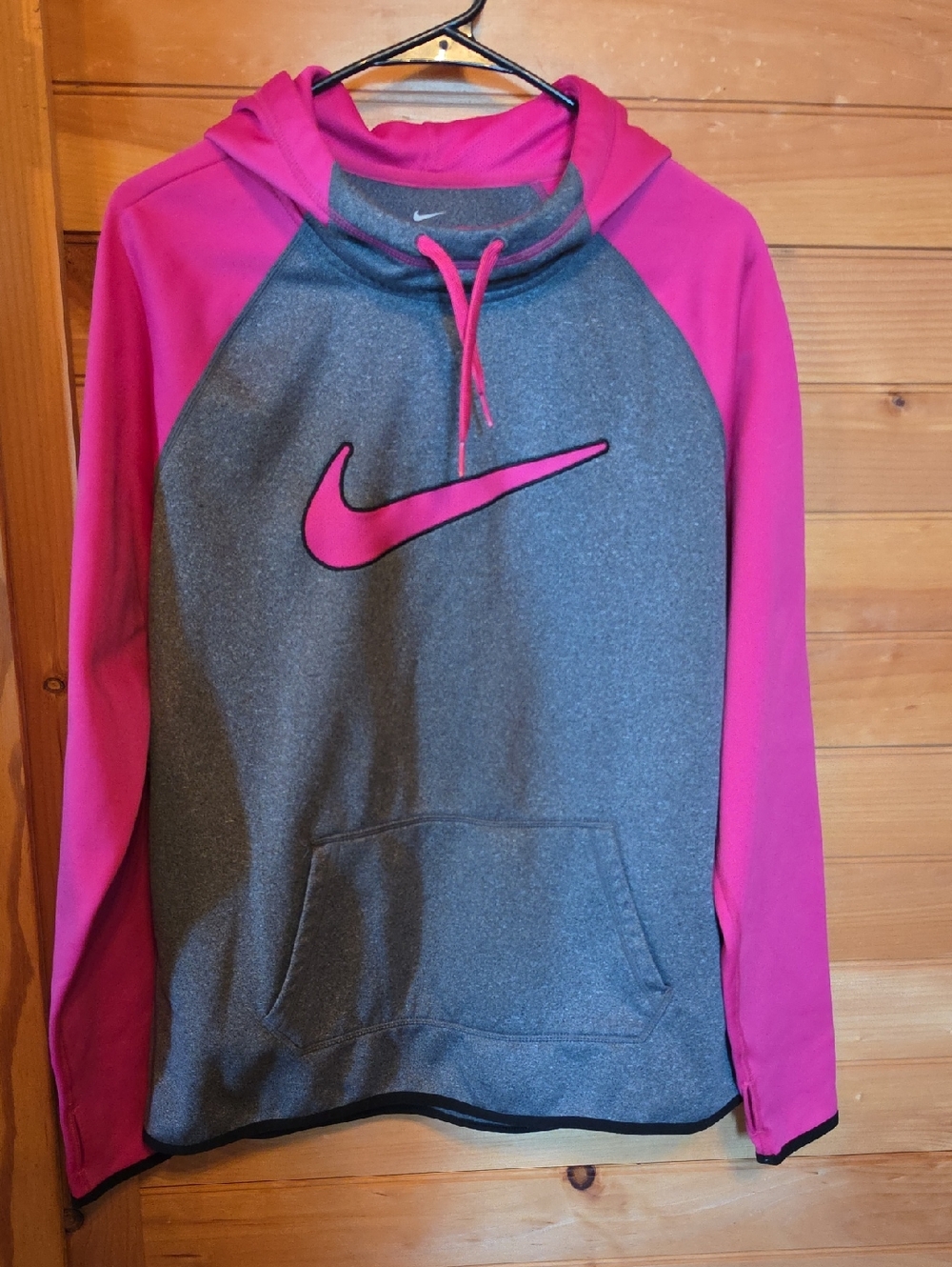 Nike Gray Hoodie with Bright Pink Sleeves and Swoosh